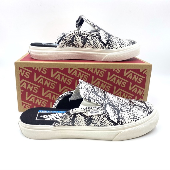 Vans Snake Print Leather Sneaker Mules‎ Womens 5.5 Mens 4 Marshmallow Black NEW - Picture 1 of 11